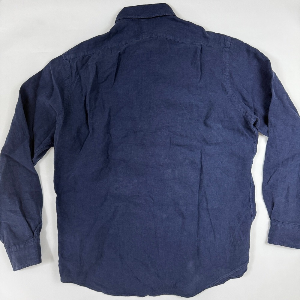 Vintage Y2K Polo Ralph Lauren Men Navy Blue Linen Shirt Classic Fit L Chest 48" - Picture 2 of 11
